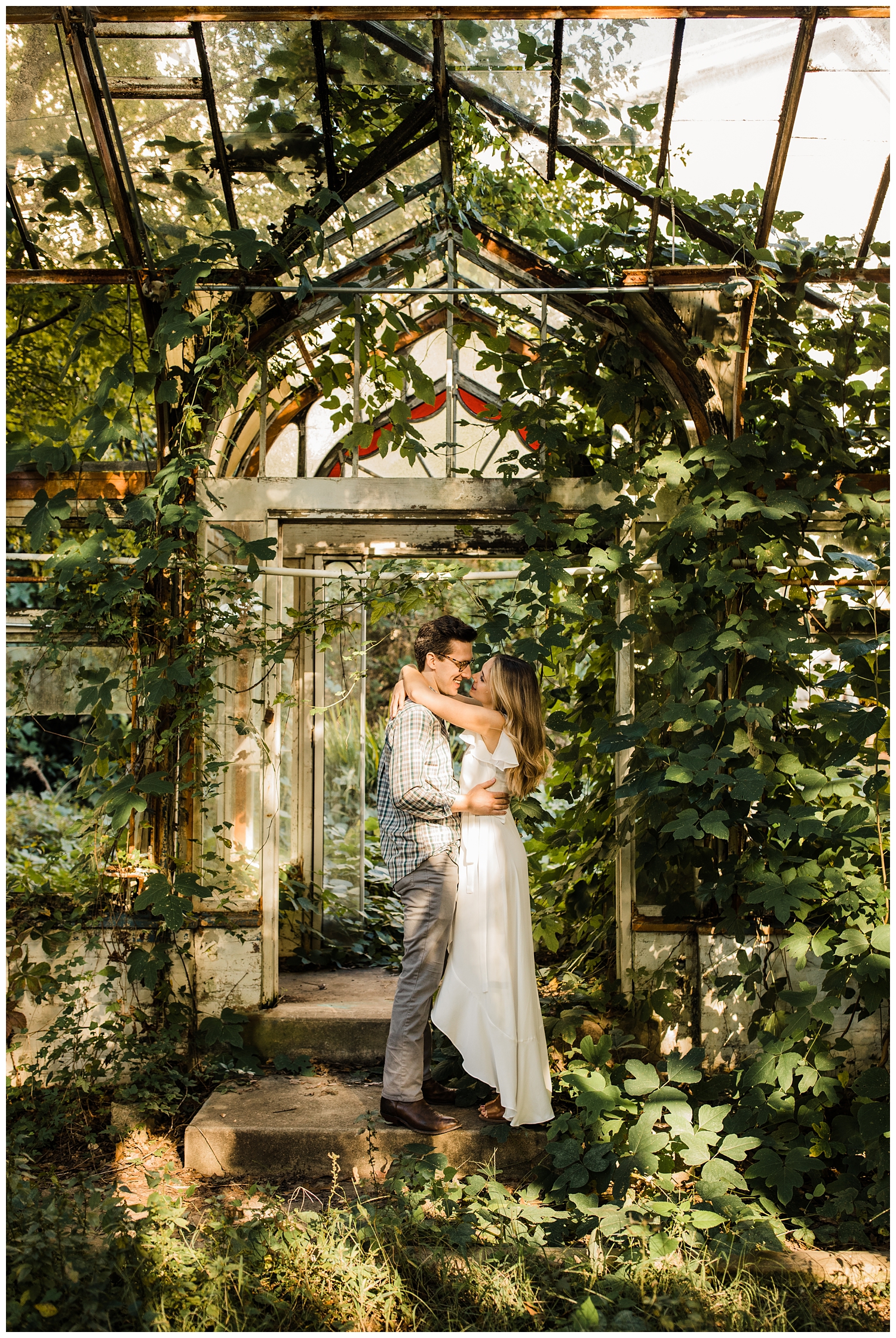 engagement session with young couple in the abandoned mansion greenhouse on briarcliff road in atlanta georgia