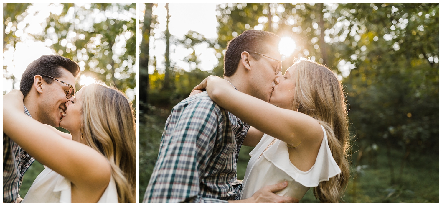 engagement session with young couple kissing in the sunlight in Lullwater Park