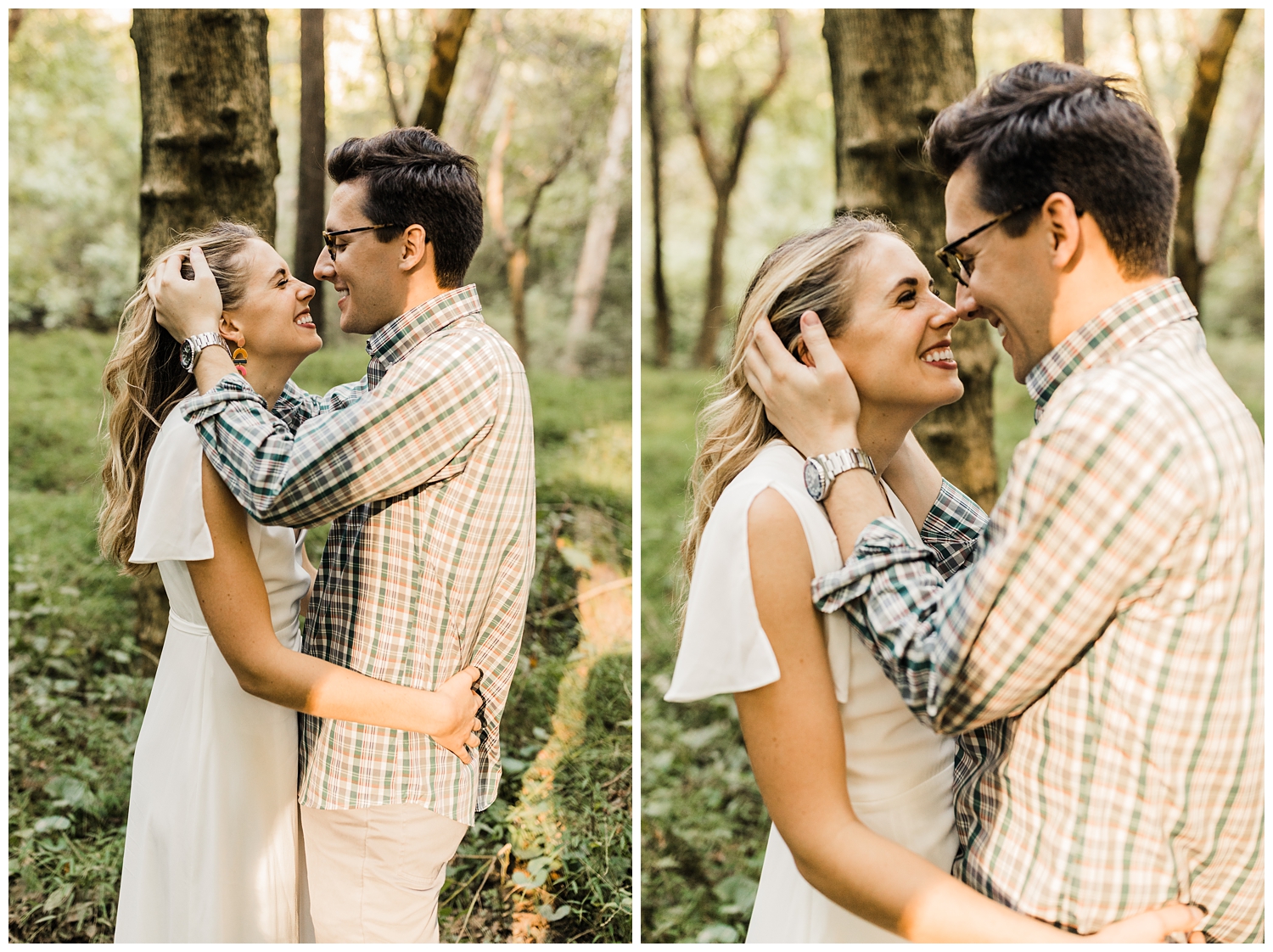 Newly engaged couple in Lullwater Park hugging during an engagement session in a lush, green forest in Atlanta, GA