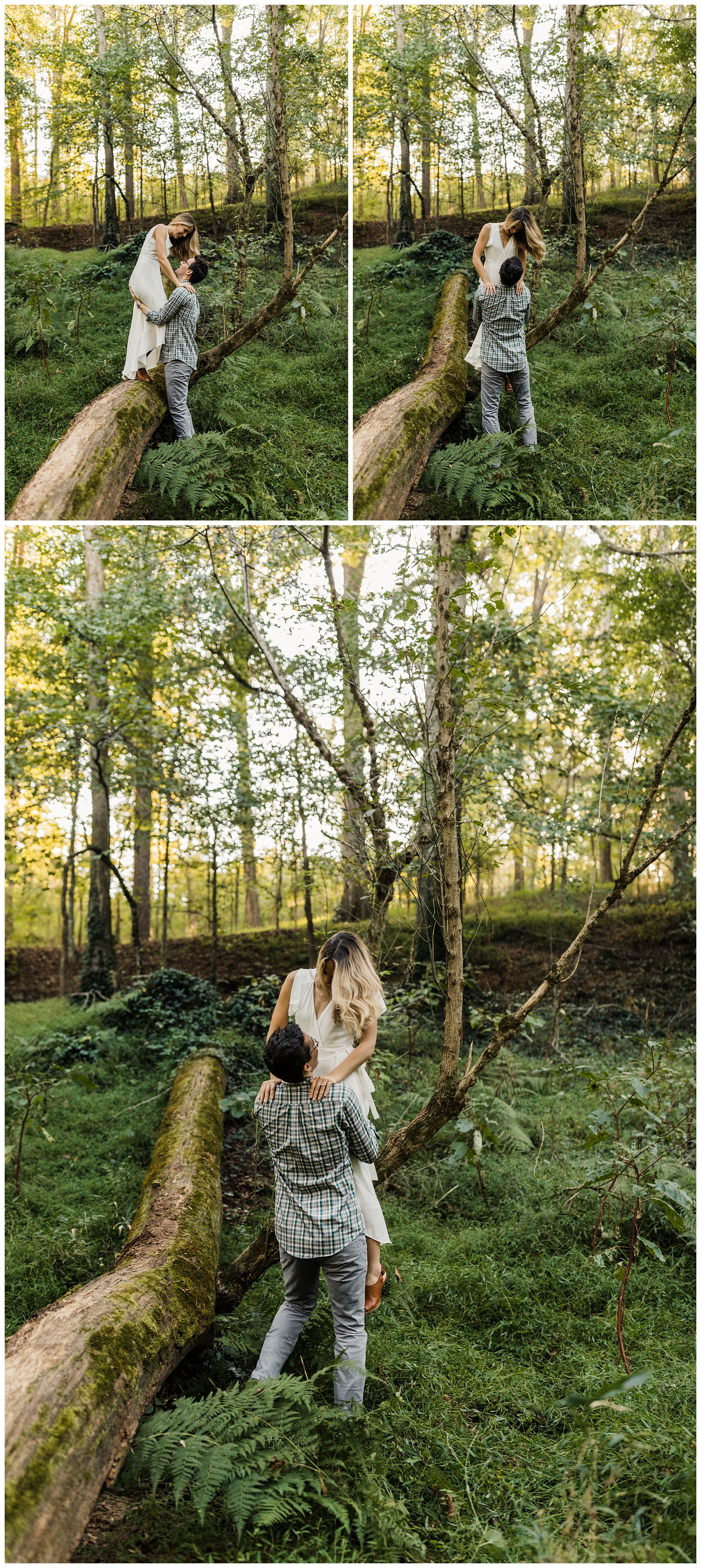 couple kissing during an engagement session in a lush, green, fairytale forest in Atlanta, Georgia