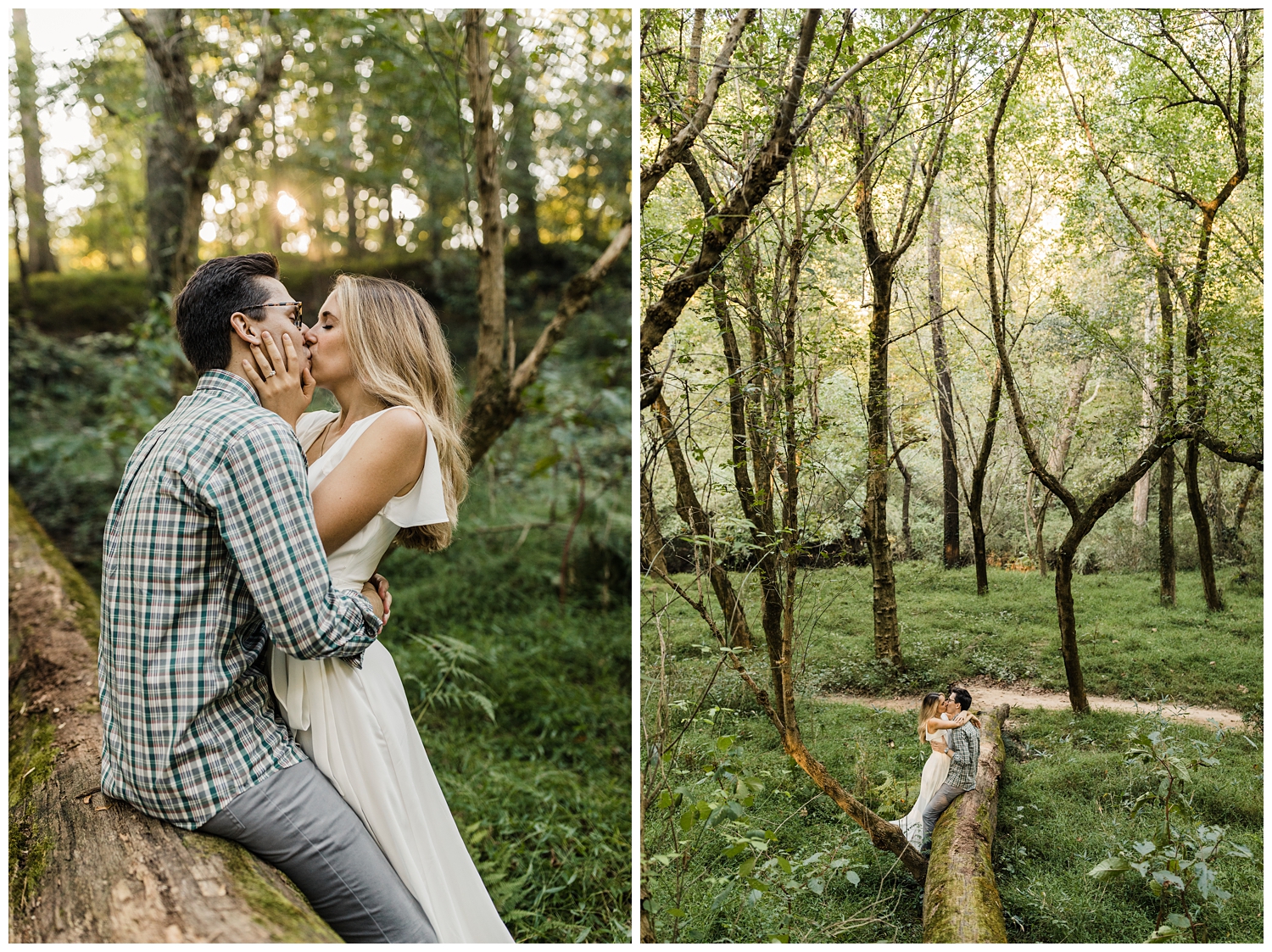couple kissing during an engagement session in a lush, green, fairytale forest in Atlanta, Georgia