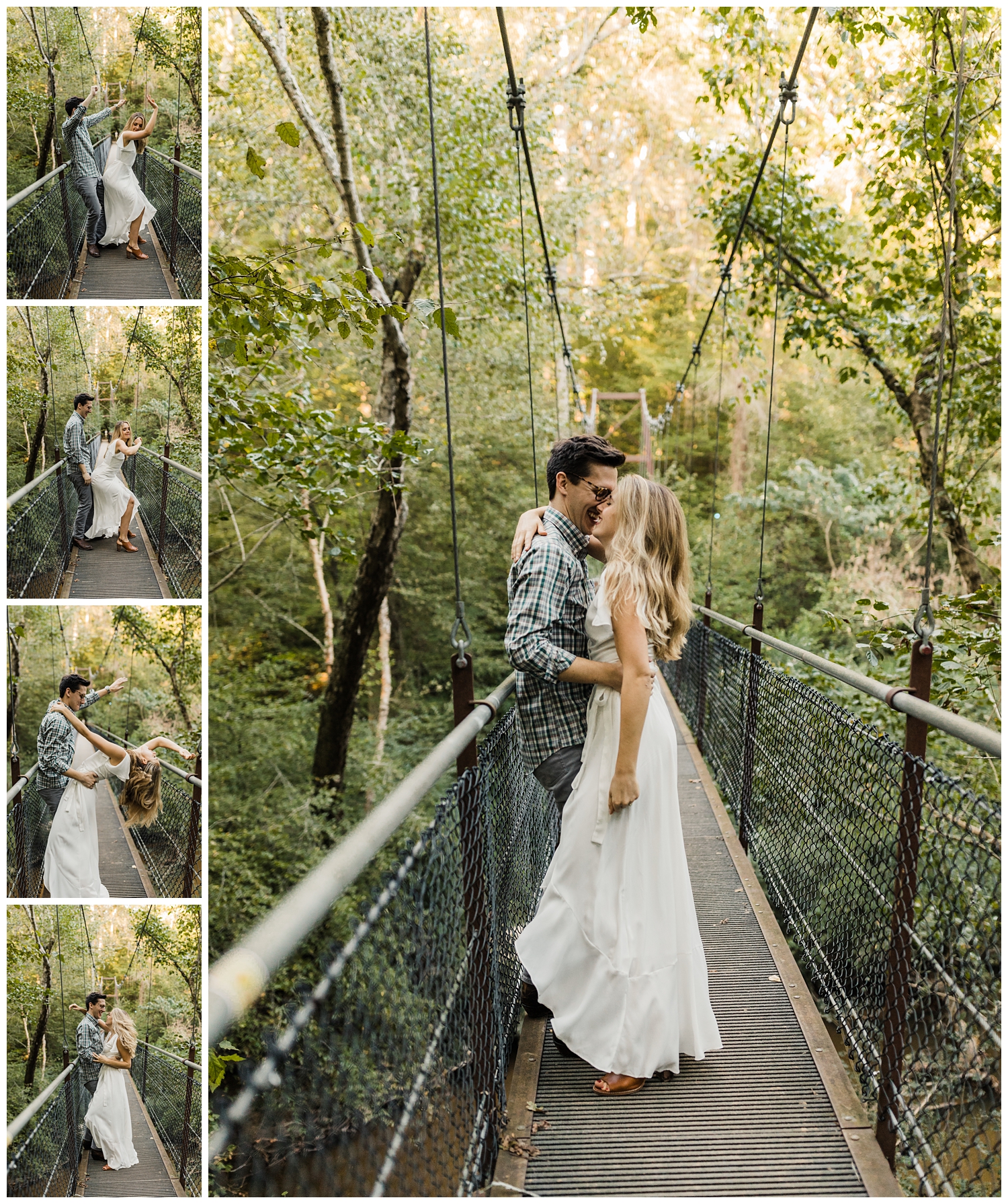 Cute, young couple dancing together on a suspension bridge during an engagement session in Lullwater Park in Atlanta, Georgia