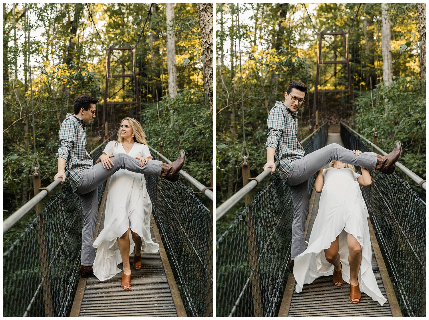 Cute, young couple on a suspension bridge during an engagement session in Lullwater Park in Atlanta, Georgia