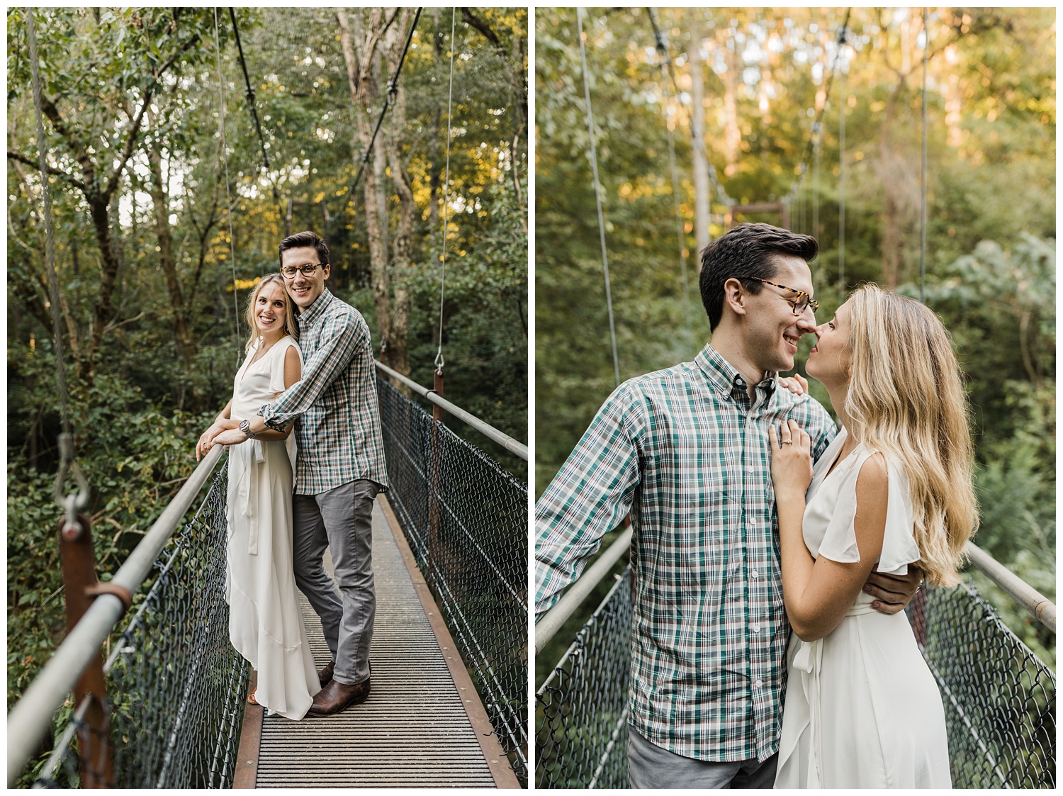 Engagement session of a young couple in love on a suspension bridge in Atlanta, Georgia