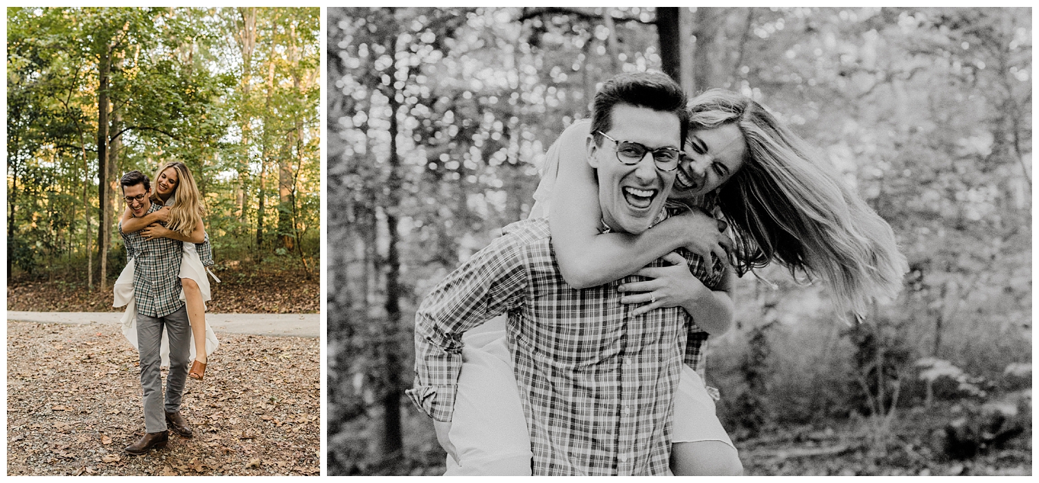 engagement session with brown haired man and blonde haired woman laughing together during a piggy back ride in a forest