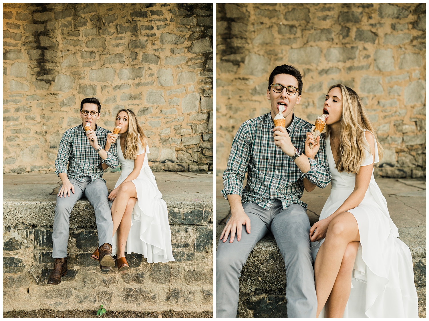 Atlanta, Georgia engagement session of a young couple kissing and eating ice cream together on the Atlanta Beltline
