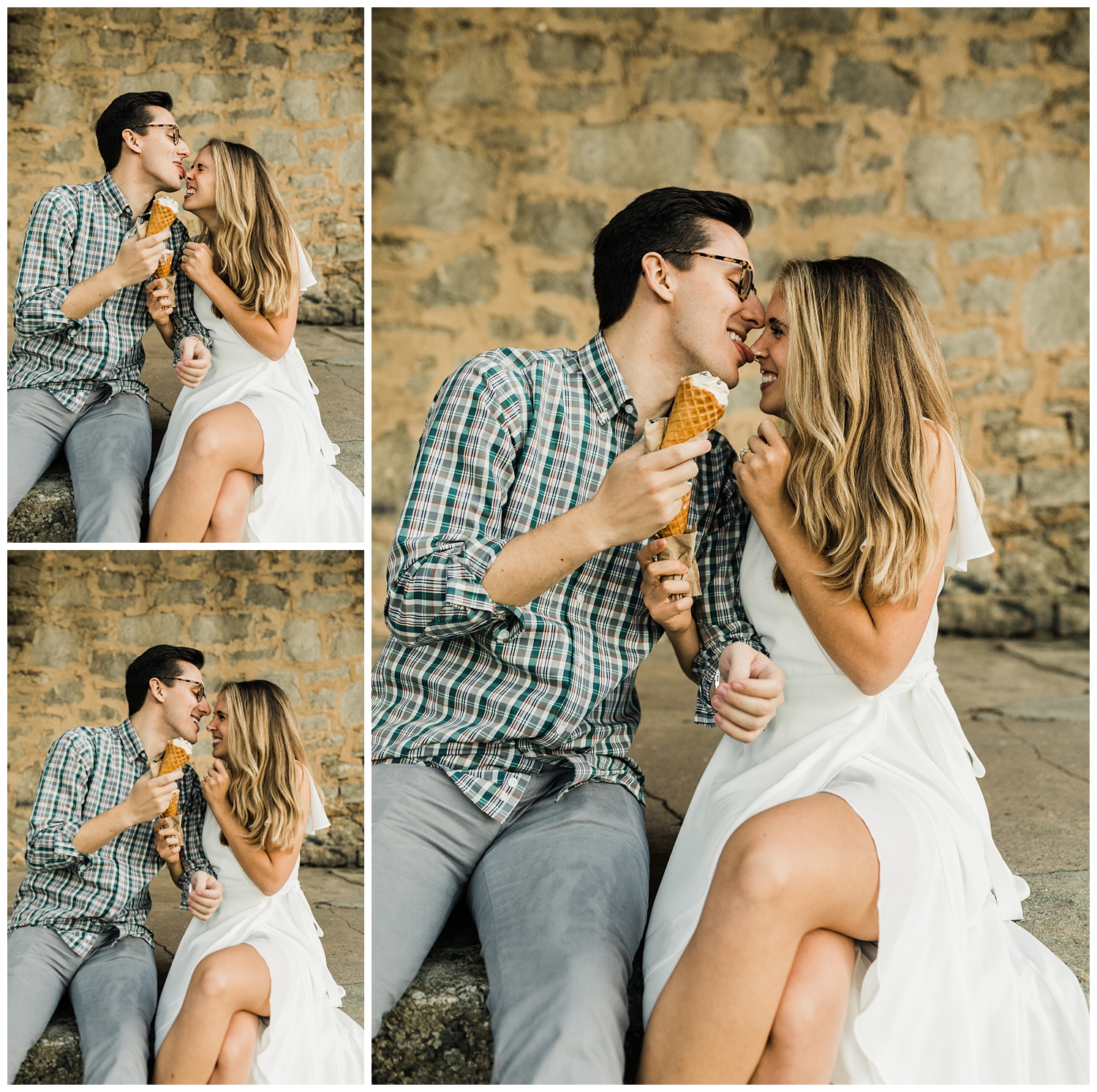 engagement session with brown-haired man and blonde girl in a white dress are eating ice cream and laughing together on the Atlanta Beltline