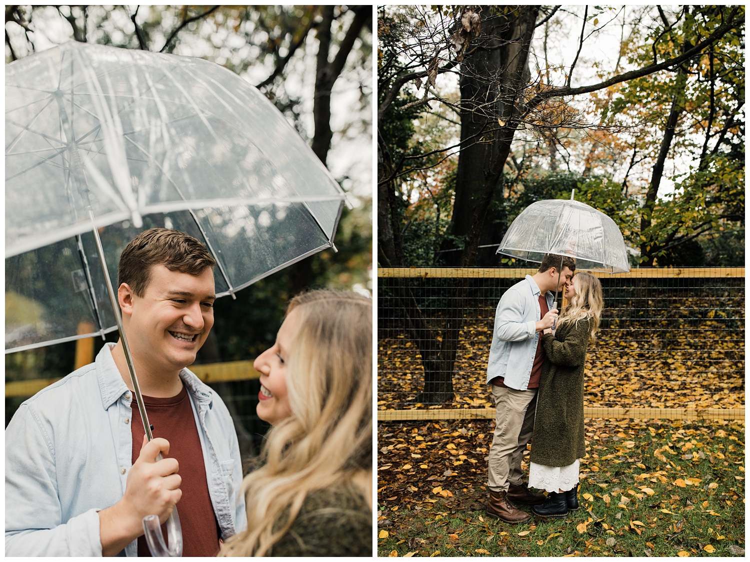 Rainy Day Engagement Session in Marietta, Georgia with cute couple under clear umbrella