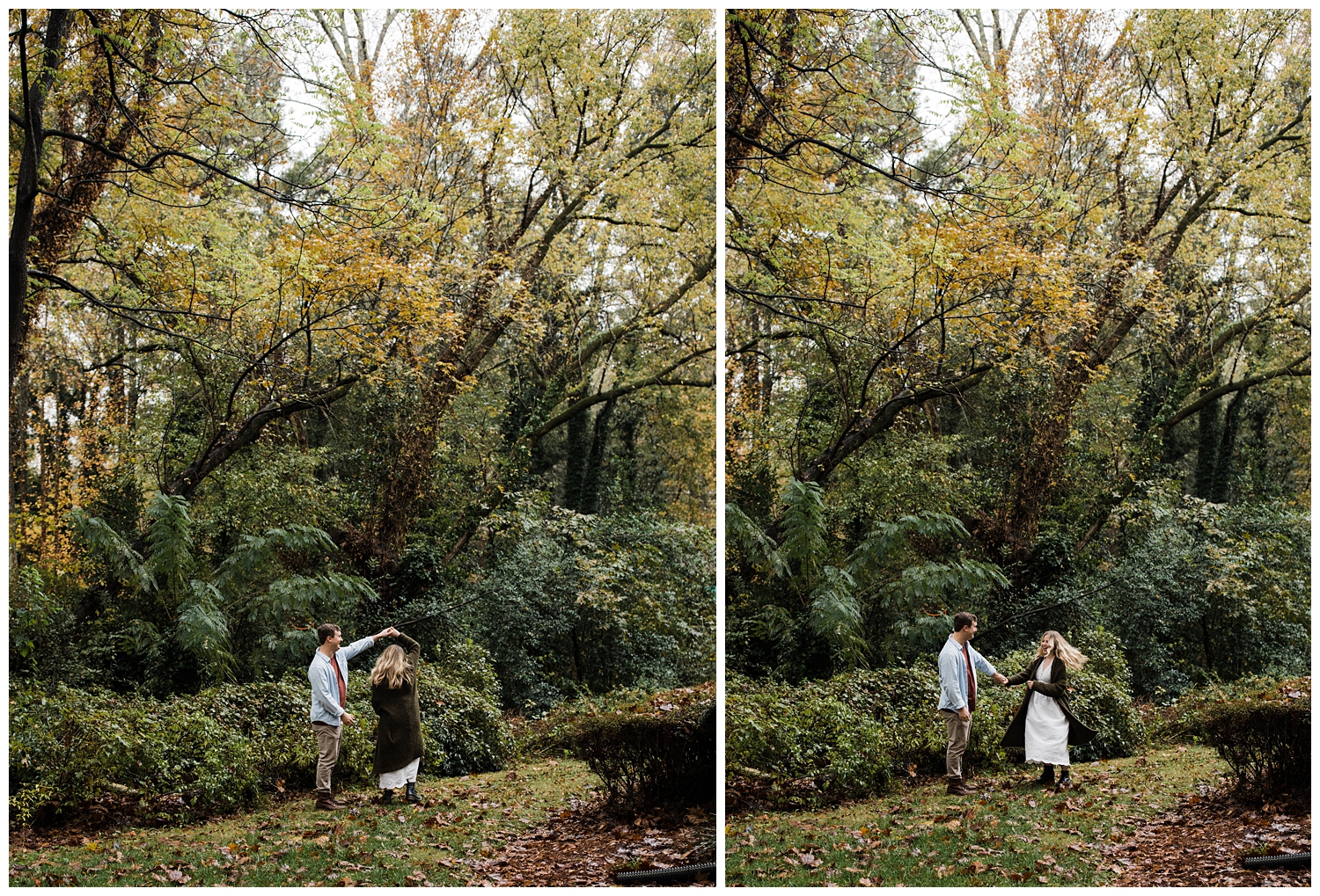 Rainy Day Engagement Session in Marietta, Georgia with cute couple dancing in the rain