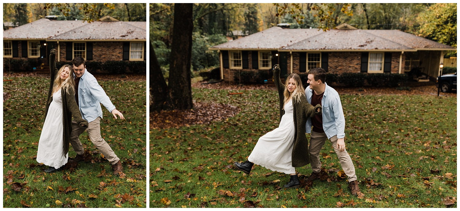 Rainy Day Engagement Session in Marietta, Georgia with cute couple dancing in their front yard