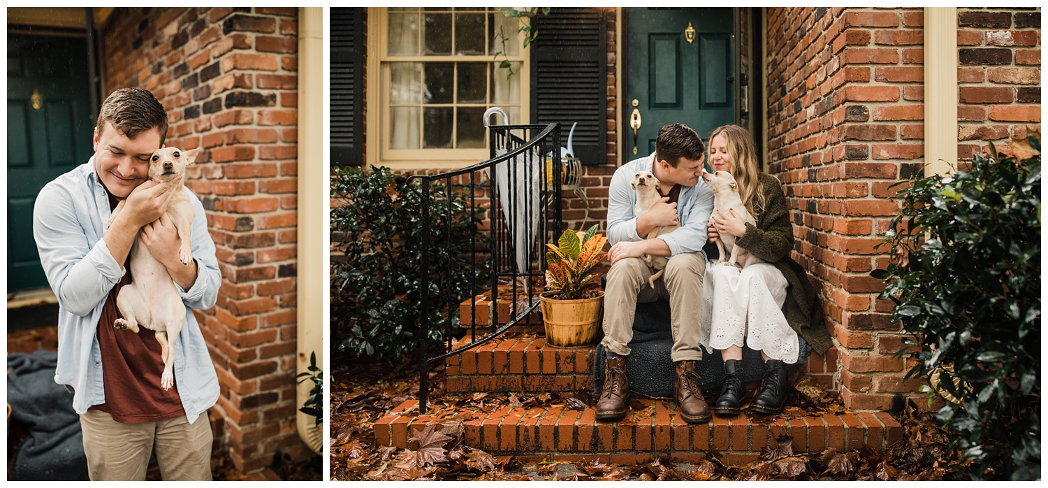 Rainy Day Engagement Session in Marietta, Georgia with cute couple sitting under a clear umbrella on their front porch