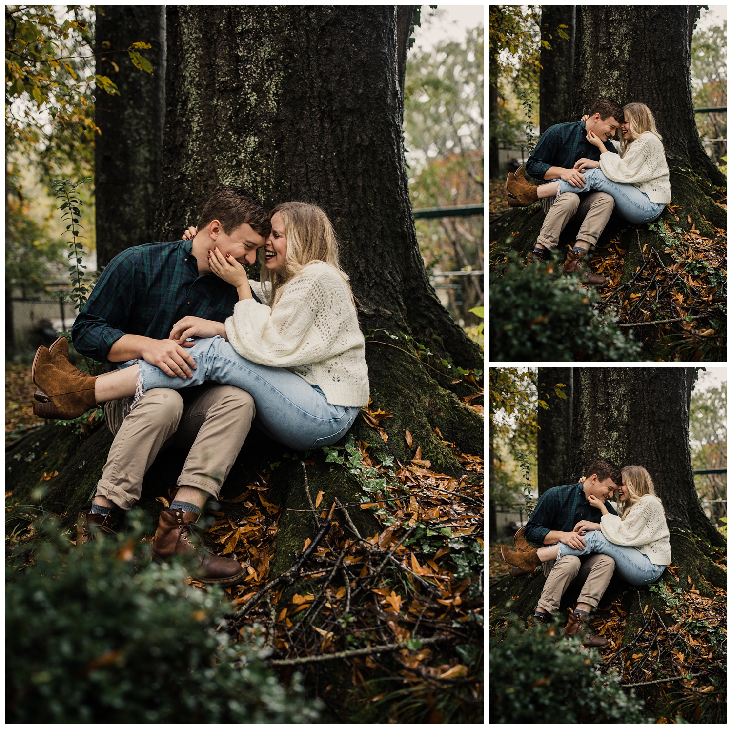 rainy day engagement session in marietta, georgia with cute couple sitting and laughing under a tree
