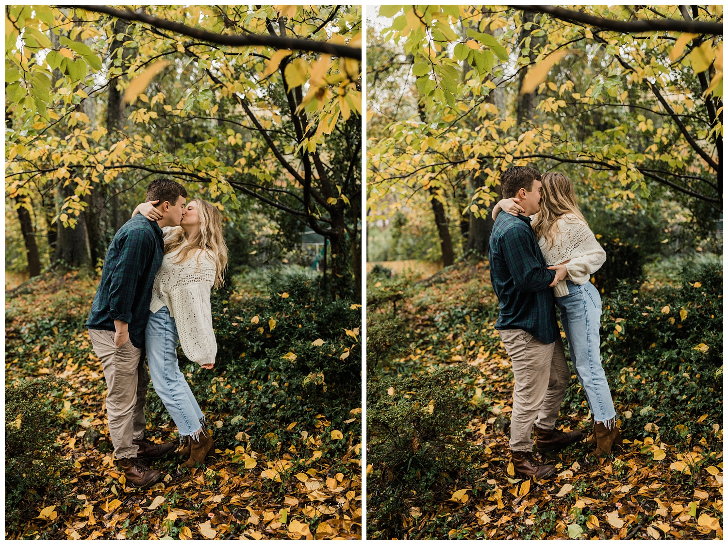 rainy day engagement session in marietta, georgia with cute couple walking and playing under a colorful yellow tree